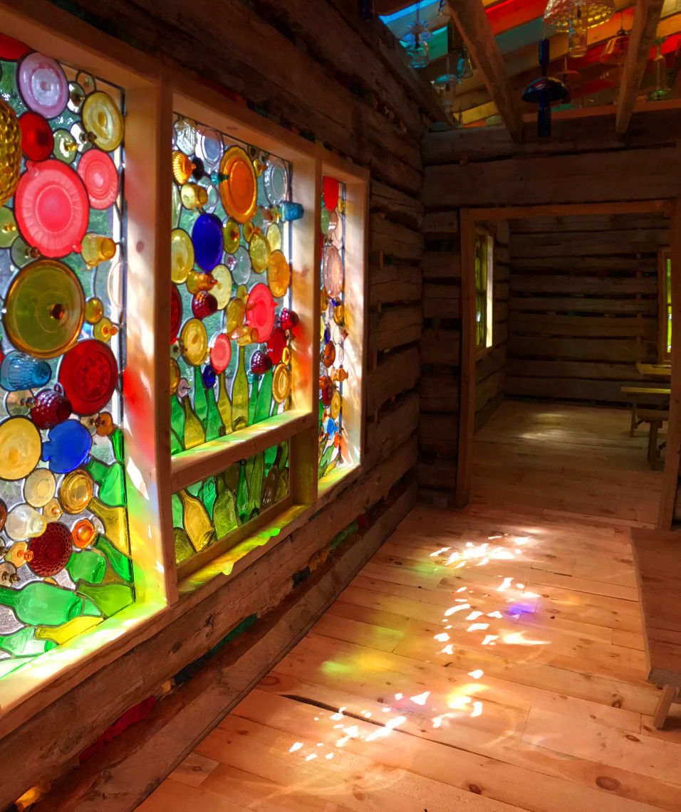 Stained Glass in Log Cabin Installation, Philbrook Museum of Art, Tulsa, Oklahoma