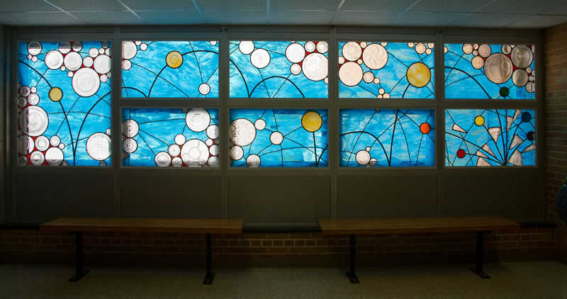 Conservation of Energy - stained glass window bay at John Marshall HS, Rochester, MN