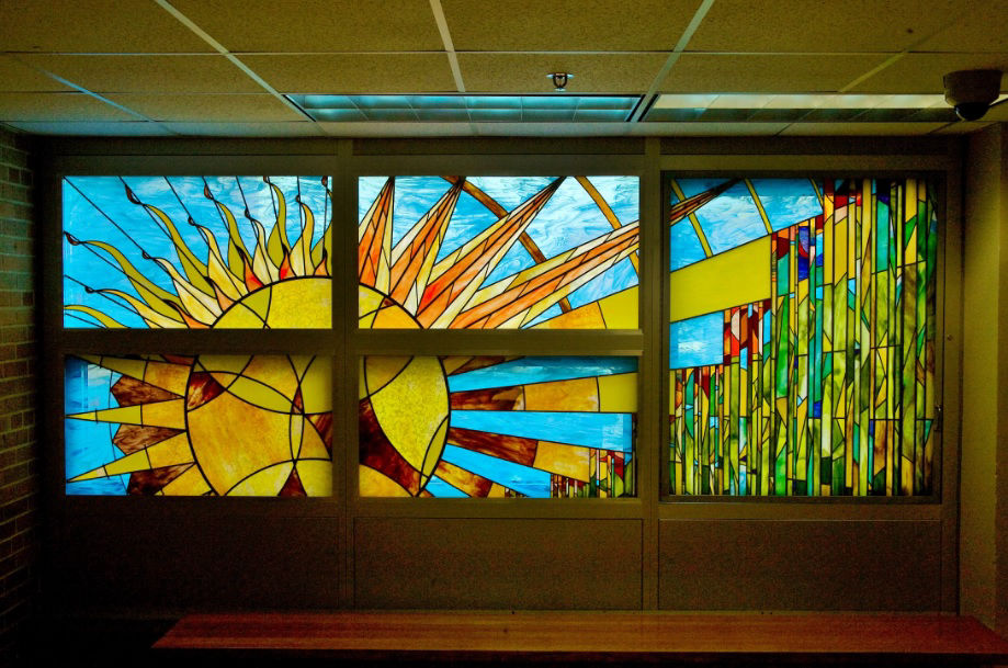 The Sun Touches All - stained glass window bay at John Marshall HS, Rochester, MN