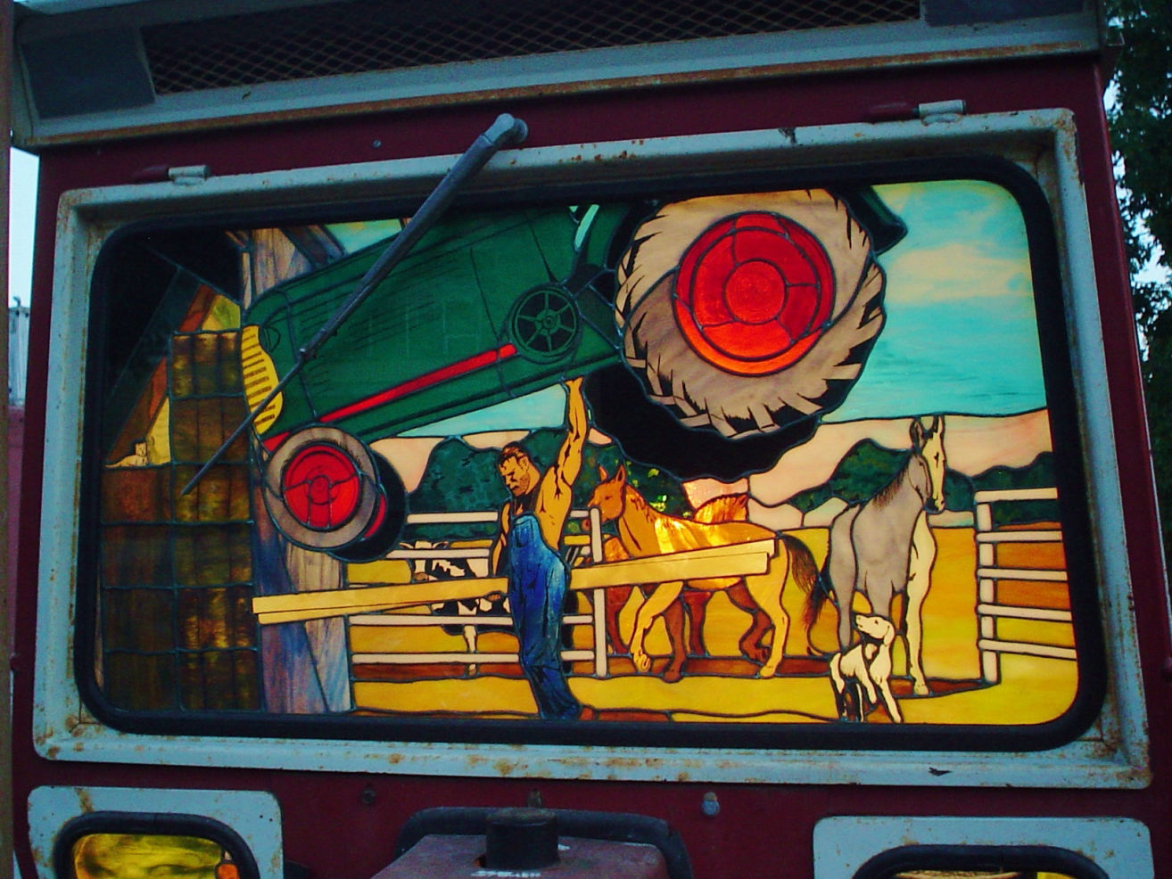 Near-Mint Condition stained glass tractor by Karl Unnasch: The "Clark Kent" panel