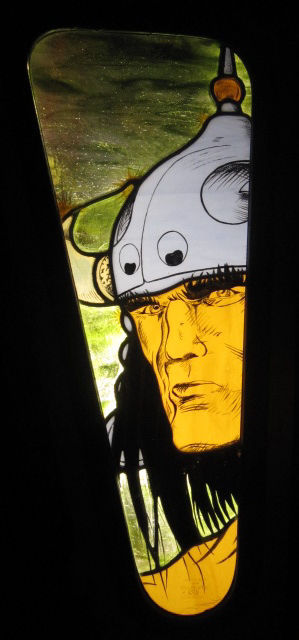Near-Mint Condition stained glass tractor by Karl Unnasch: The "Conan" panel