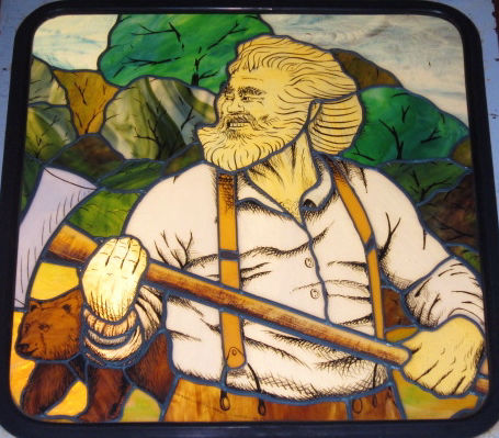 Near-Mint Condition stained glass tractor by Karl Unnasch: The "Grizzly Adams" panel